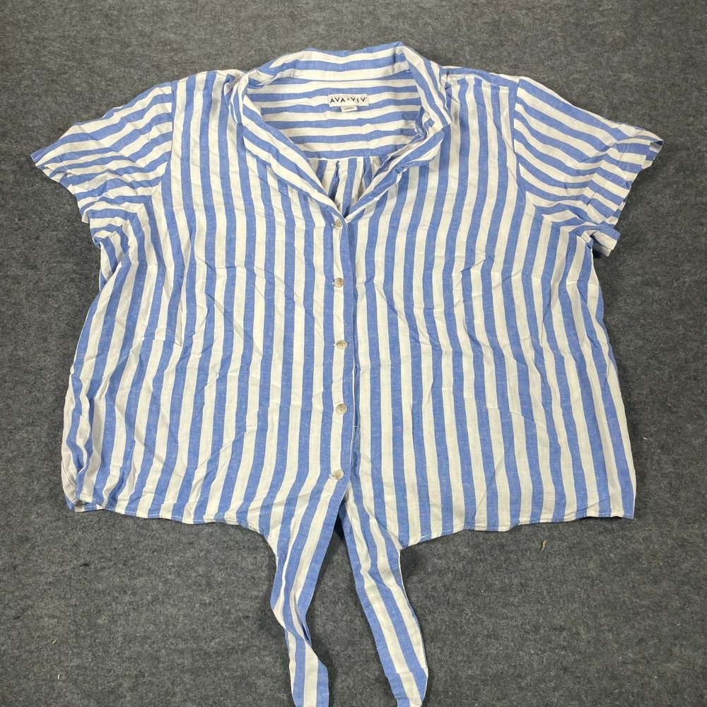 Ava Viv Top Womens 2XL Blue Striped‎ Button Up Shirt Tie Up Linen Blend Beach